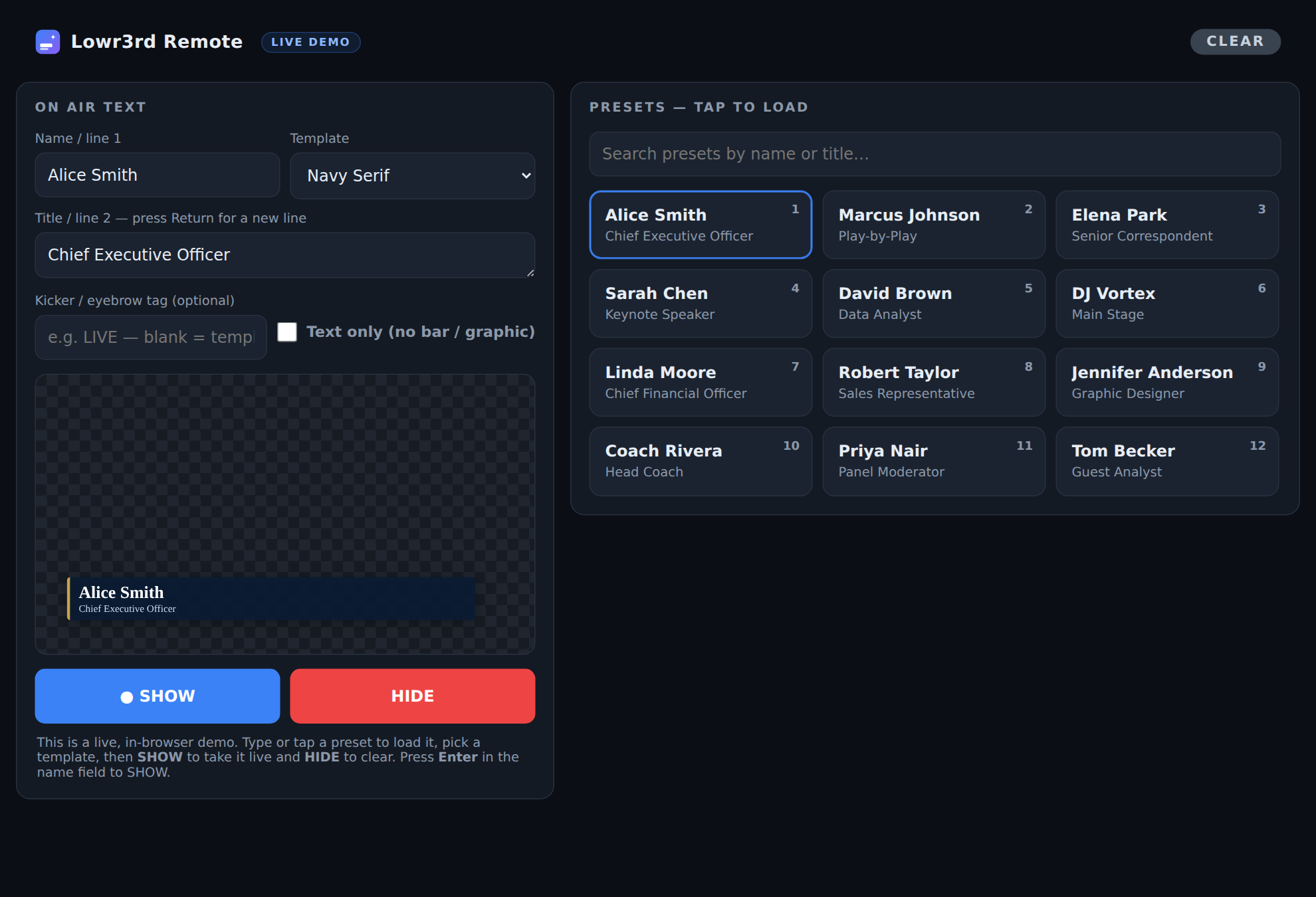 The Lowr3rd web dashboard — compose panel, live preview, and searchable preset cards.